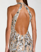 Silver Sequin Halter Backless Column Gown Designer Collection