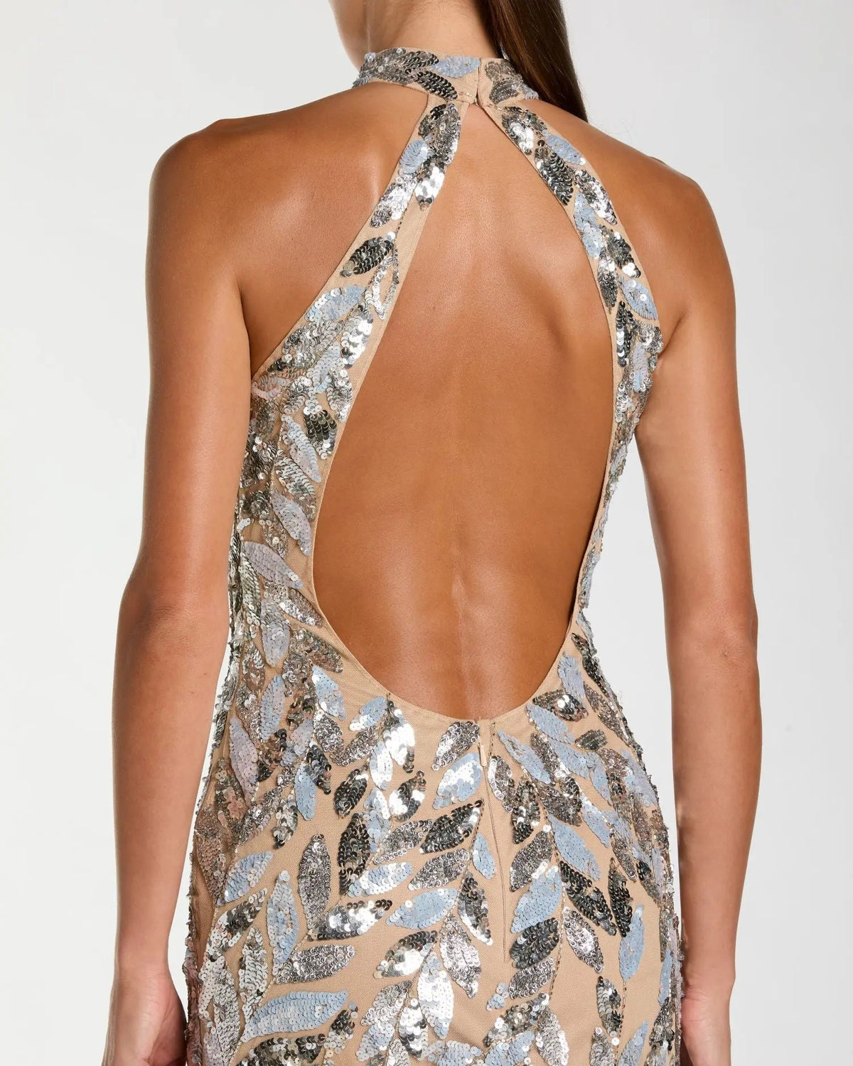 Silver Sequin Halter Backless Column Gown Designer Collection