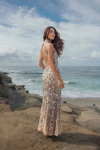 Silver Sequin Halter Backless Column Gown Designer Collection