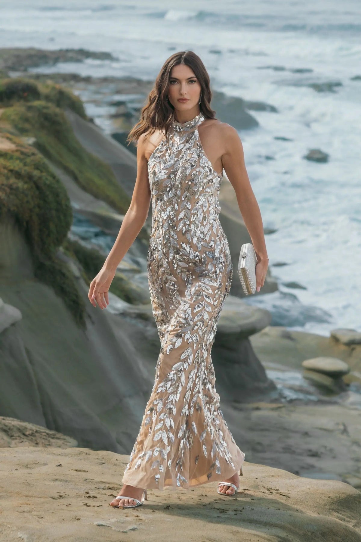 Silver Sequin Halter Backless Column Gown Designer Collection