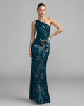 Teal Floral Sequin One Shoulder Gown Designer Collection