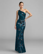 Teal Floral Sequin One Shoulder Gown Designer Collection