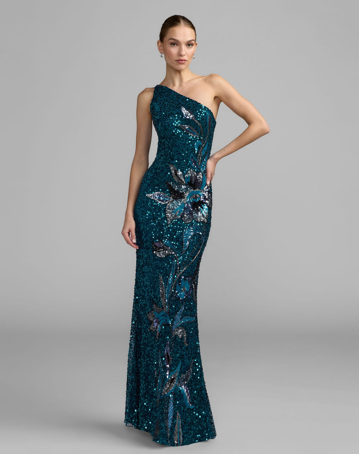 Teal Floral Sequin One Shoulder Gown Designer Collection