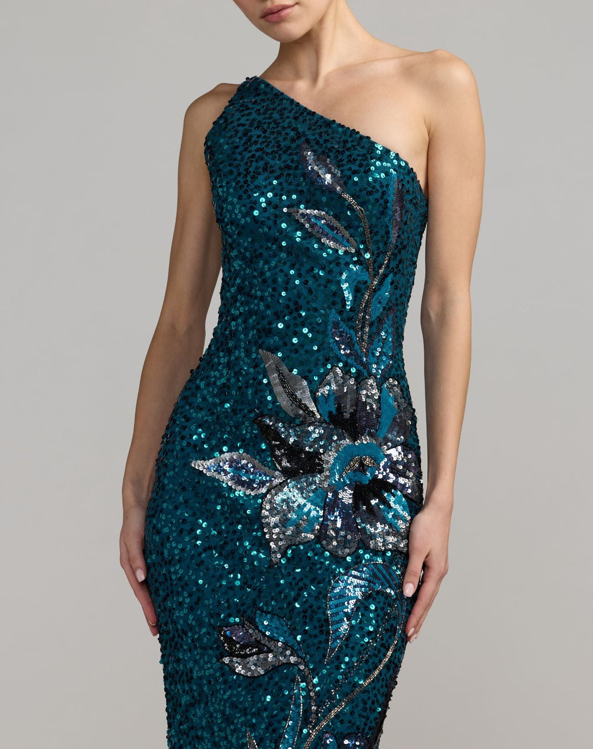 Teal Floral Sequin One Shoulder Gown Designer Collection