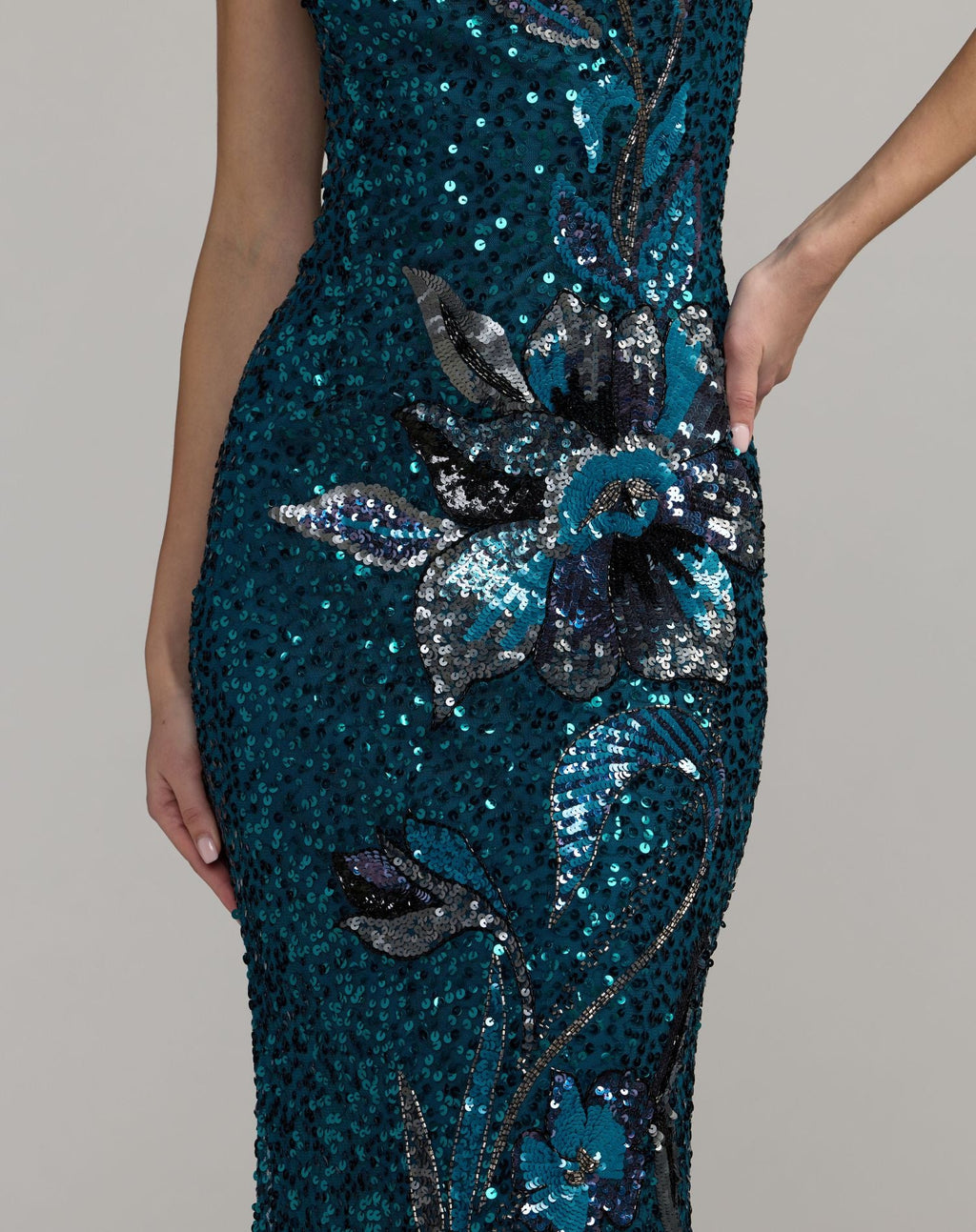 Teal Floral Sequin One Shoulder Gown Designer Collection