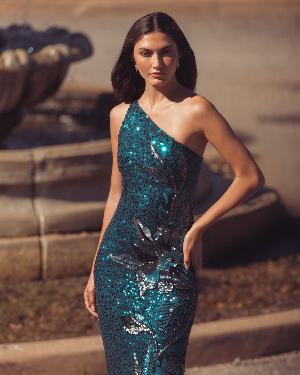 Teal Floral Sequin One Shoulder Gown Designer Collection
