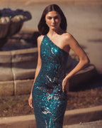 Teal Floral Sequin One Shoulder Gown Designer Collection