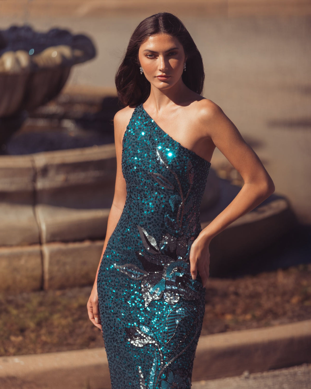 Teal Floral Sequin One Shoulder Gown Designer Collection