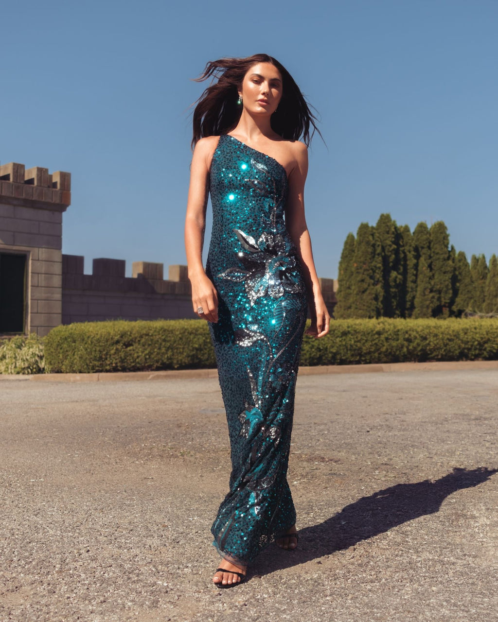 Teal Floral Sequin One Shoulder Gown Designer Collection