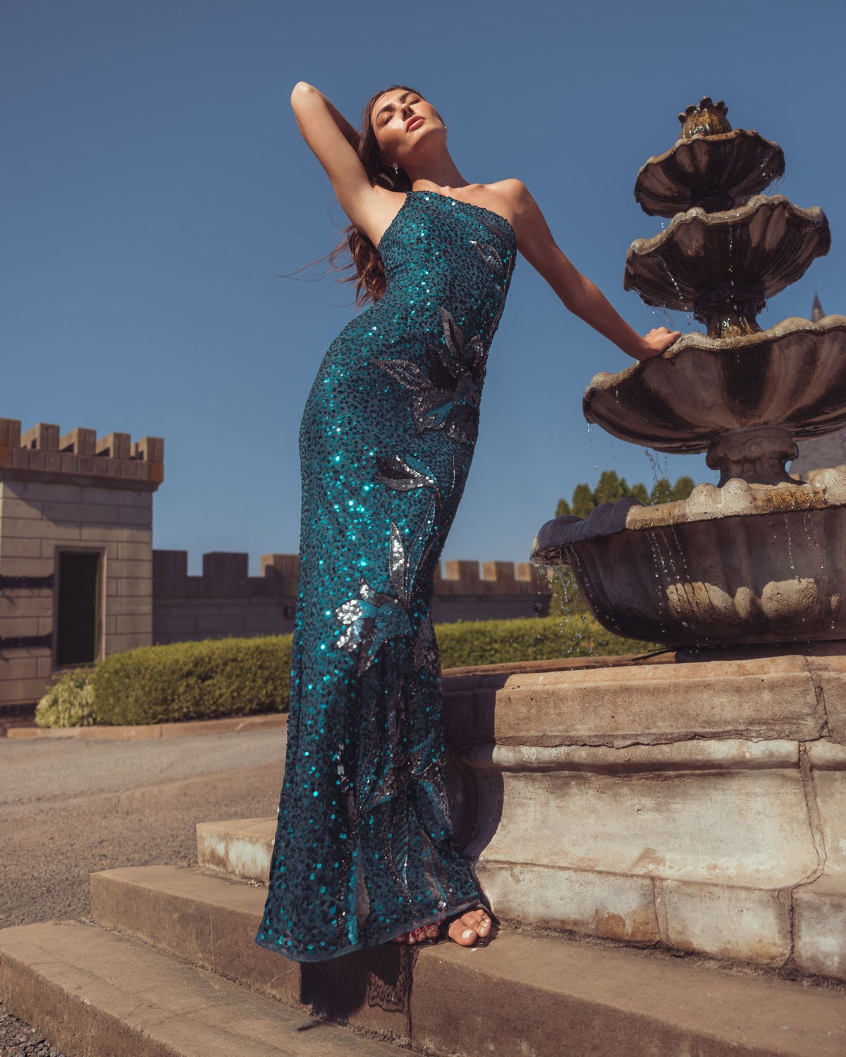 Teal Floral Sequin One Shoulder Gown Designer Collection