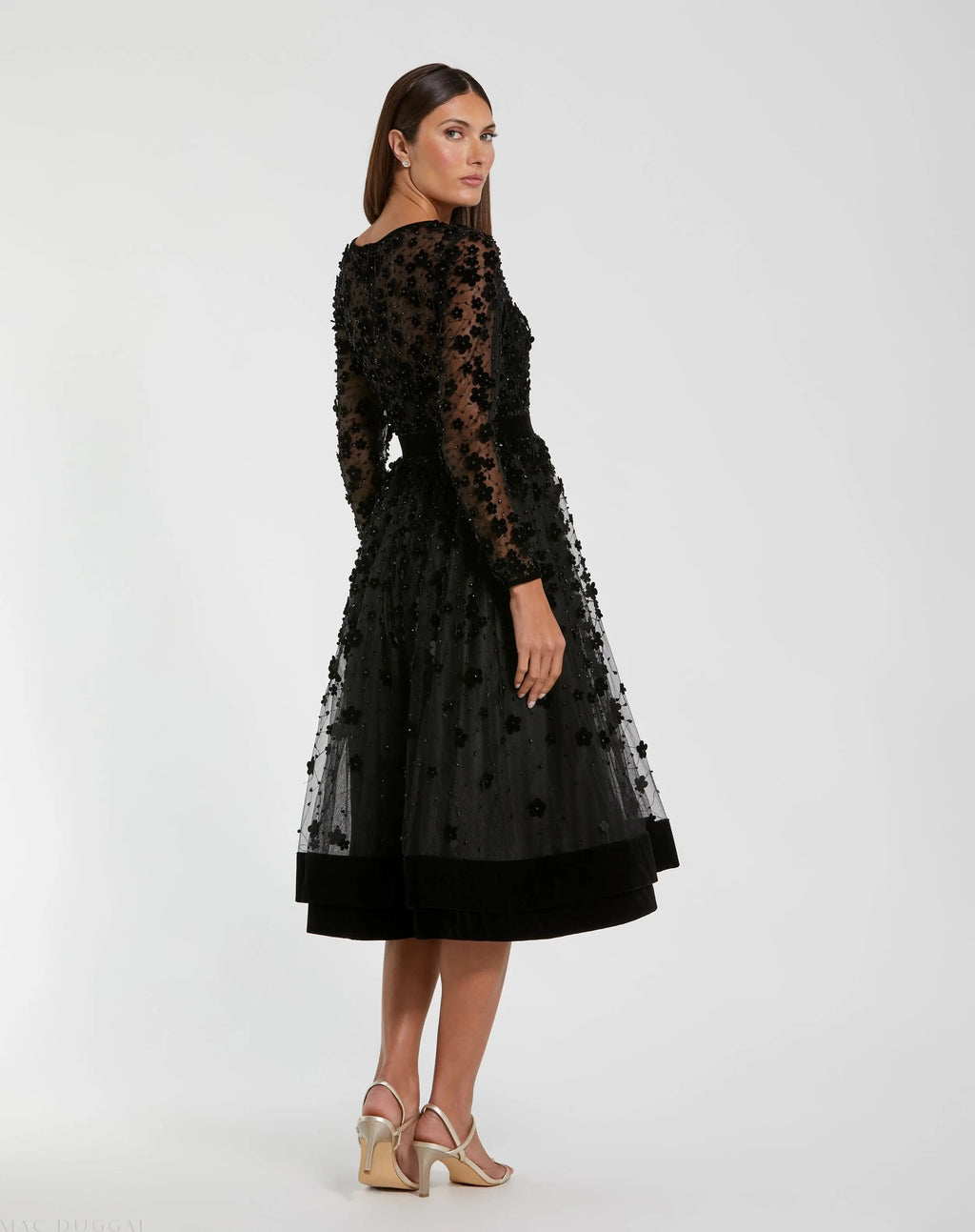Black Embellished Illusion High Neck Long Sleeve Fit & Flare Dress - Designer Collection
