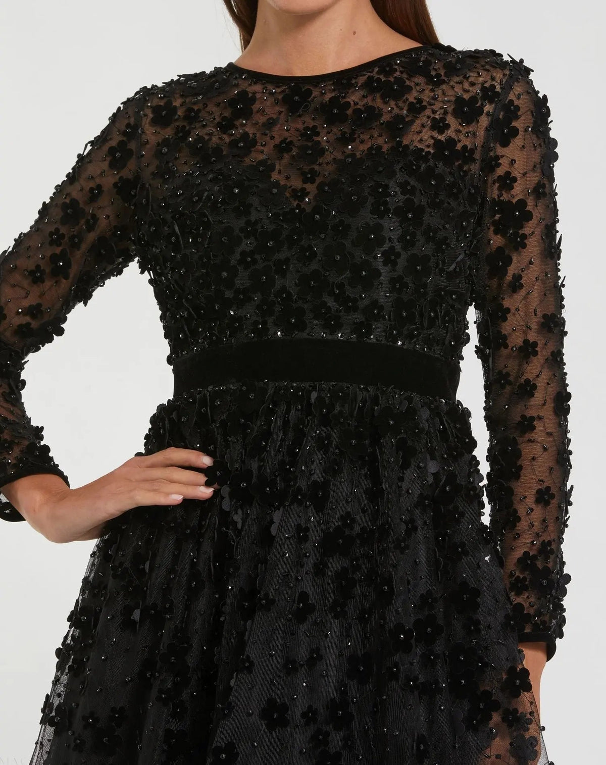Black Embellished Illusion High Neck Long Sleeve Fit & Flare Dress - Designer Collection