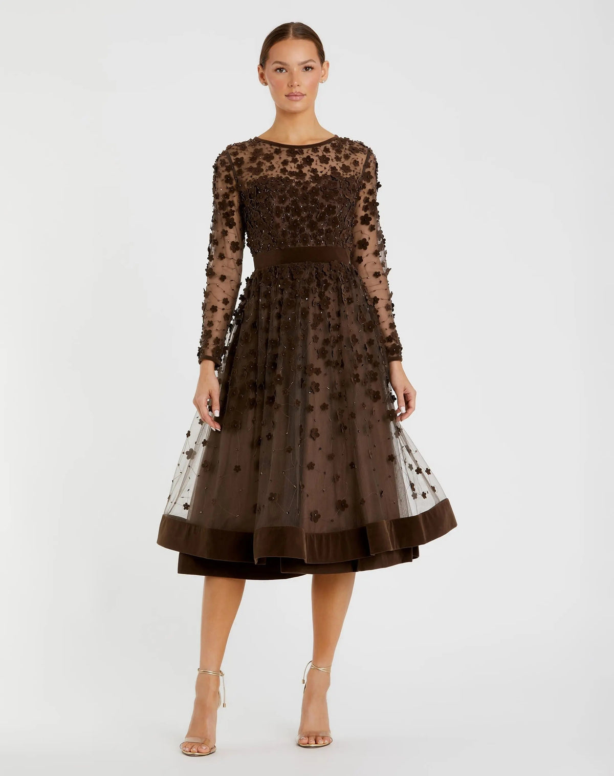 Brown Embellished Illusion High Neck Long Sleeve Fit & Flare Dress - Designer Collection