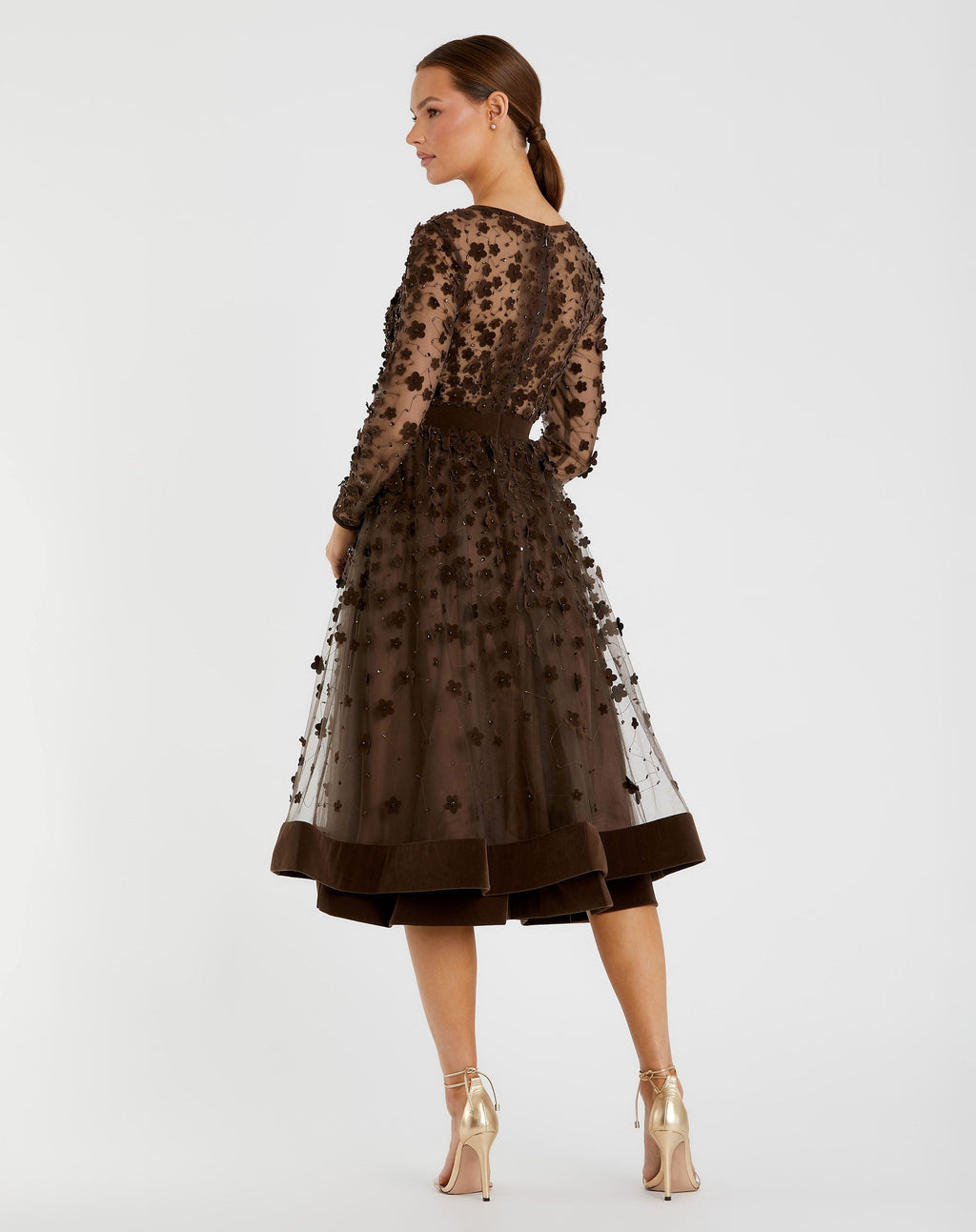 Brown Embellished Illusion High Neck Long Sleeve Fit & Flare Dress - Designer Collection