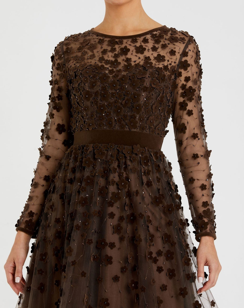 Brown Embellished Illusion High Neck Long Sleeve Fit & Flare Dress - Designer Collection