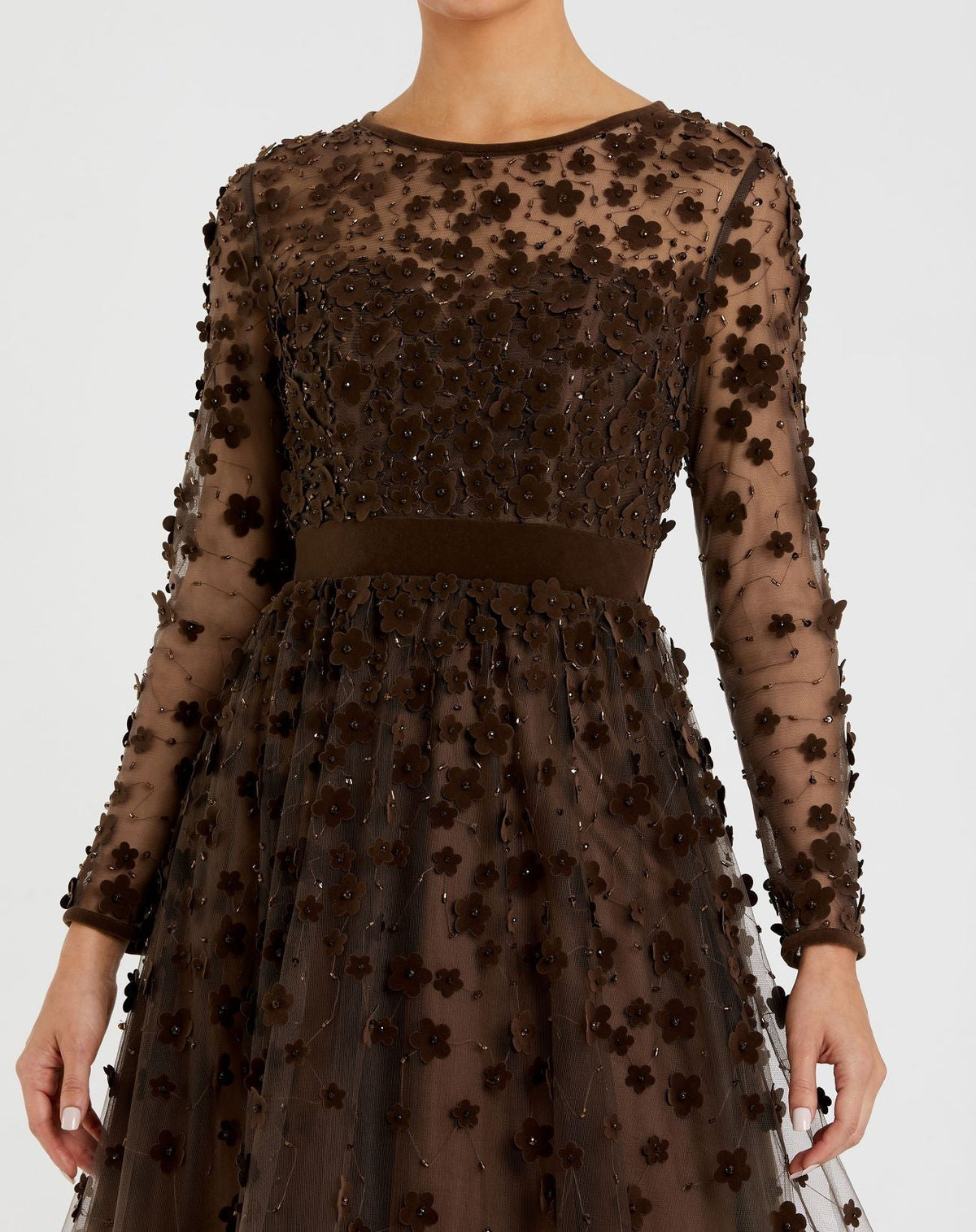 Brown Embellished Illusion High Neck Long Sleeve Fit & Flare Dress - Designer Collection