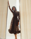 Brown Velvet Embellished Illusion Long Sleeve A-Line Midi Dress Designer Collection