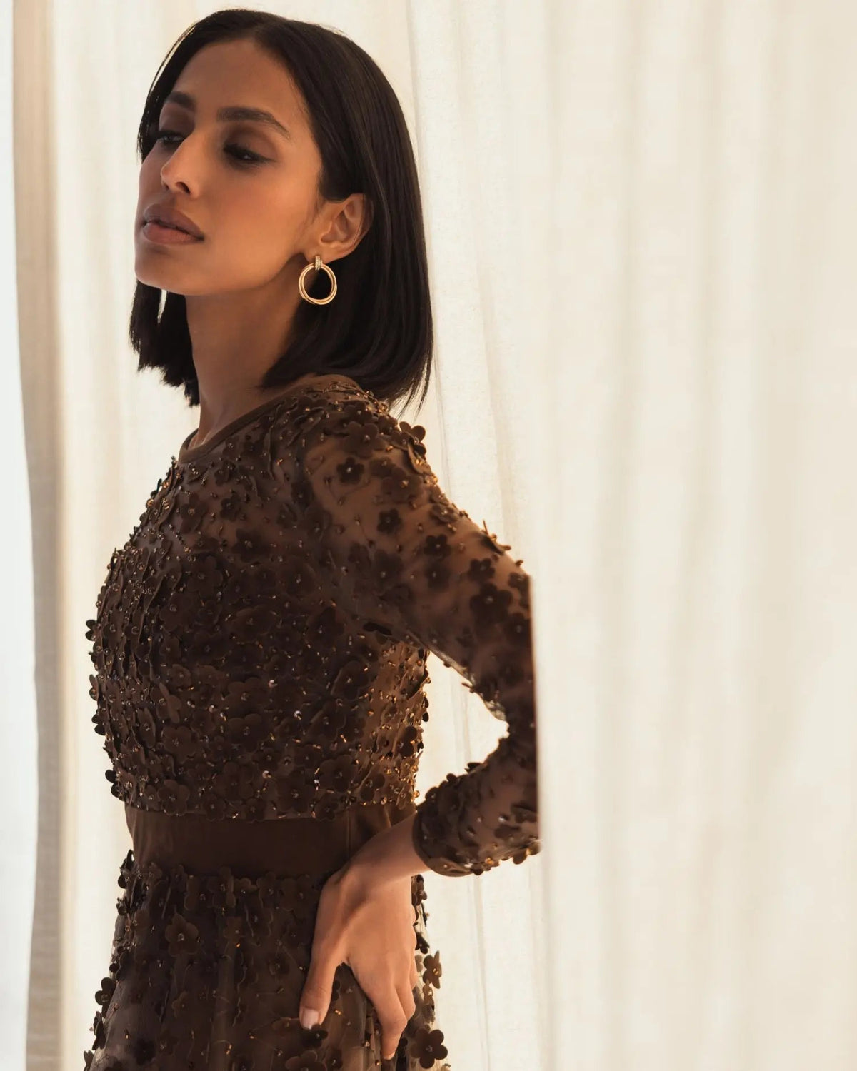Brown Velvet Embellished Illusion Long Sleeve A-Line Midi Dress Designer Collection