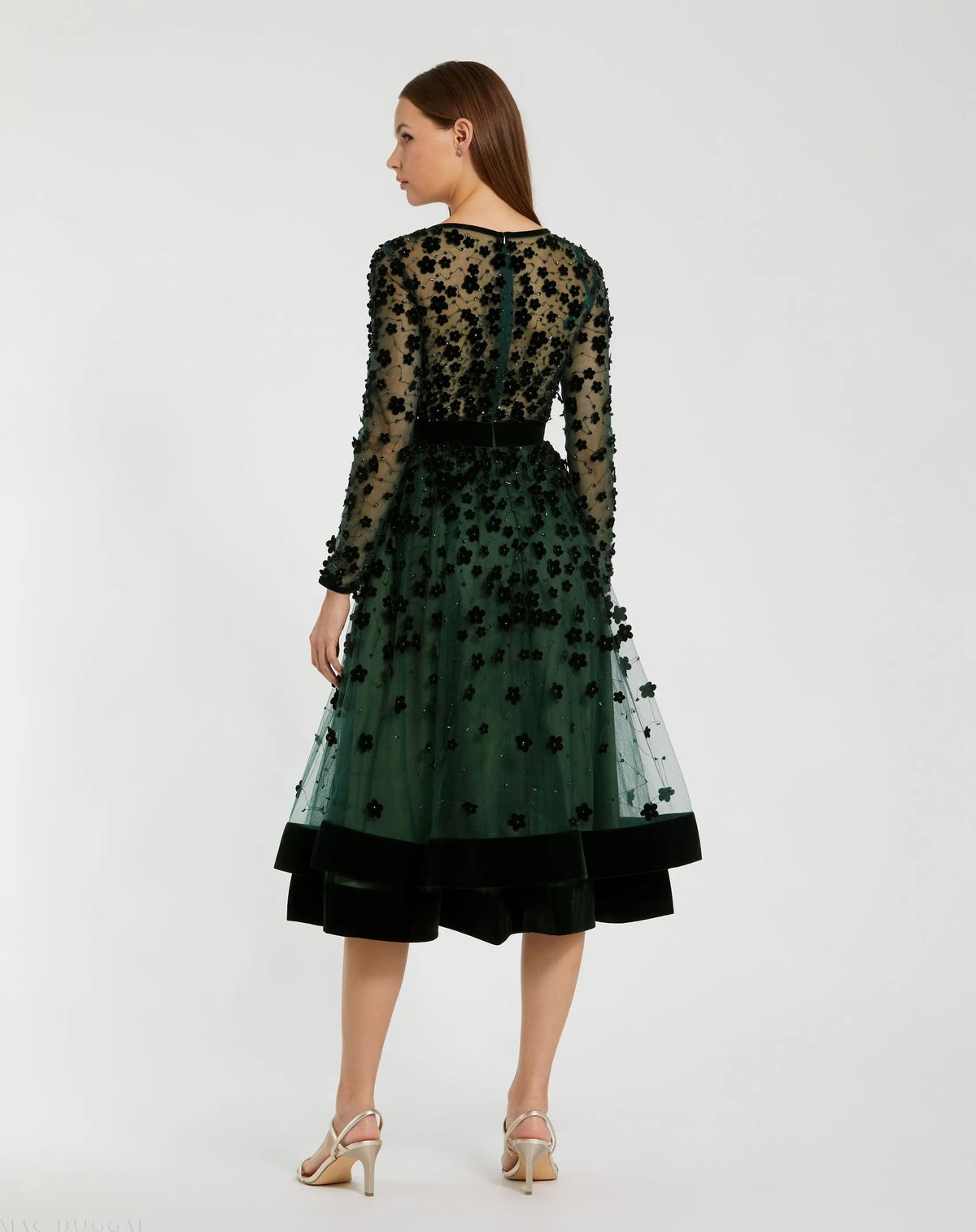Green Embellished Illusion High Neck Long Sleeve Fit & Flare Dress - Designer Collection
