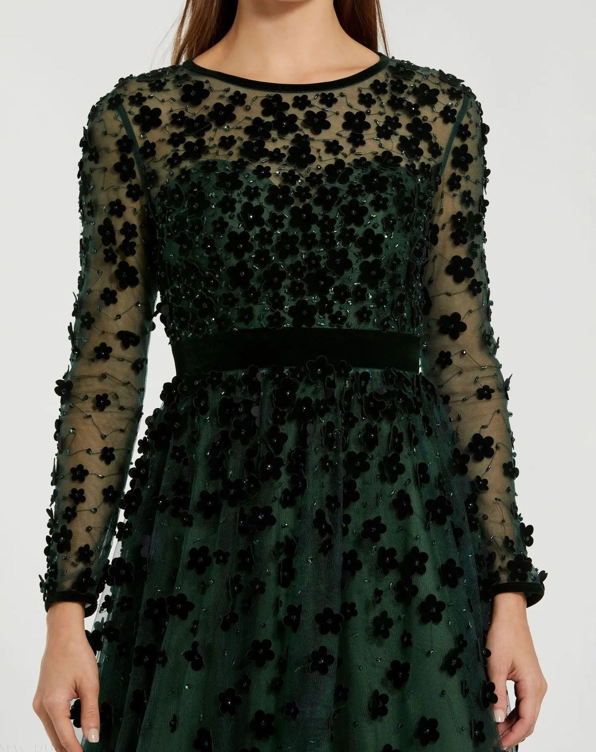 Green Embellished Illusion High Neck Long Sleeve Fit & Flare Dress - Designer Collection