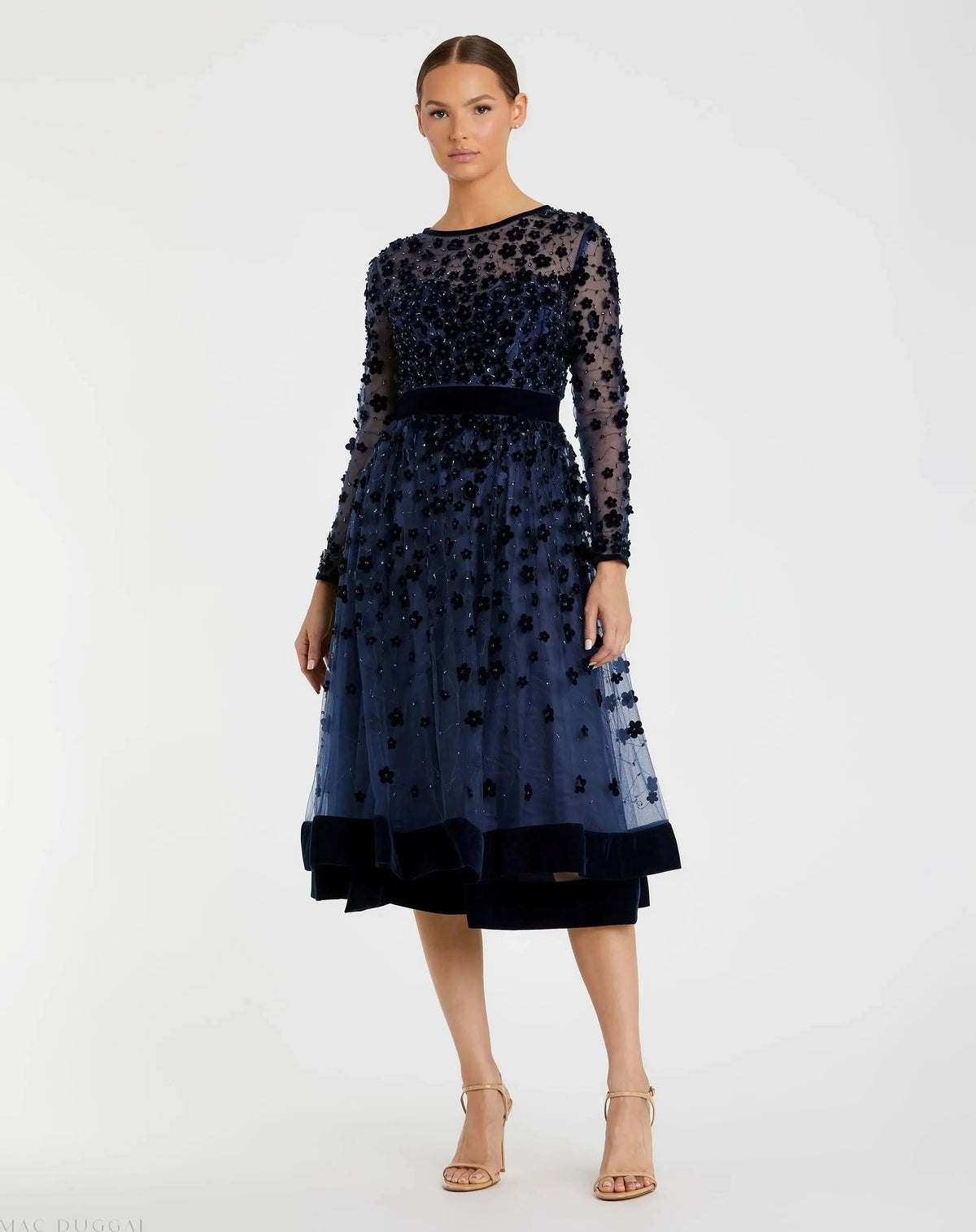 Navy Embellished Illusion High Neck Long Sleeve Fit & Flare Dress - Designer Collection