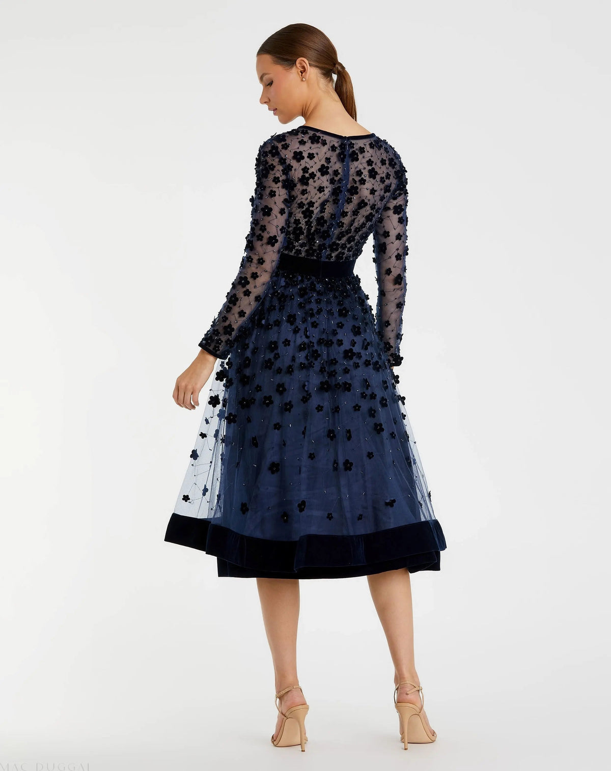 Navy Embellished Illusion High Neck Long Sleeve Fit & Flare Dress - Designer Collection