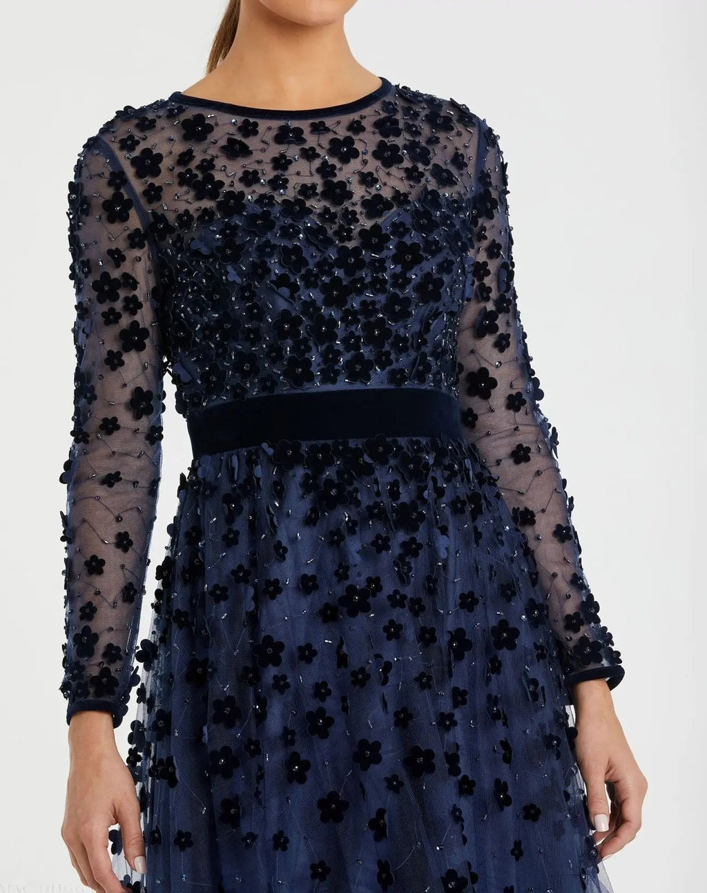 Navy Embellished Illusion High Neck Long Sleeve Fit & Flare Dress - Designer Collection
