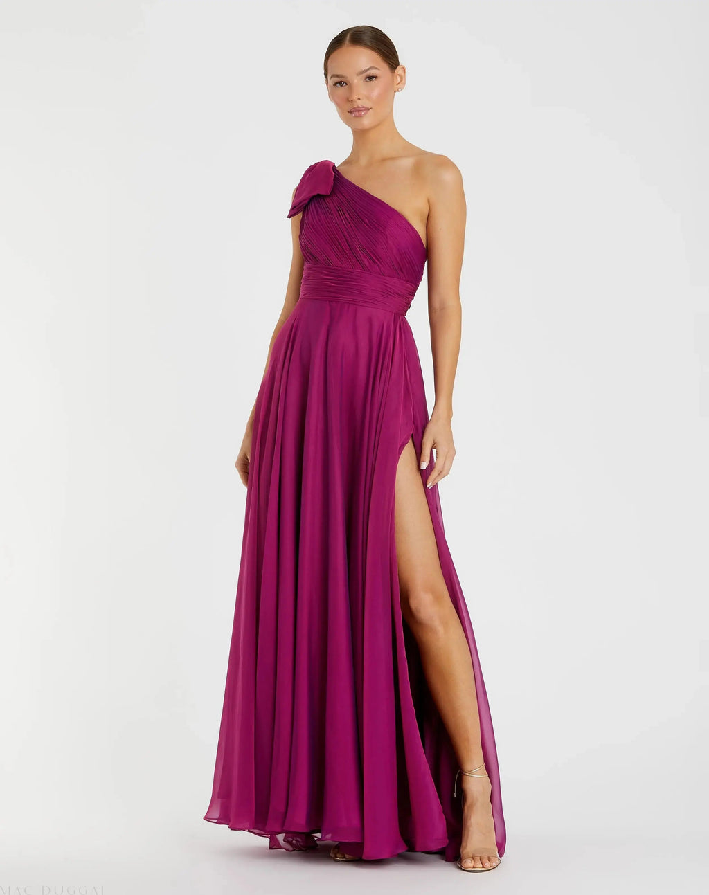 Purple Pleated One Shoulder Chiffon Gown - Designer Collection