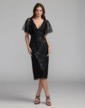 Black Embellished Illusion Flutter Sleeve Cocktail Dress - Designer Collection