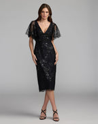 Black Embellished Illusion Flutter Sleeve Cocktail Dress - Designer Collection