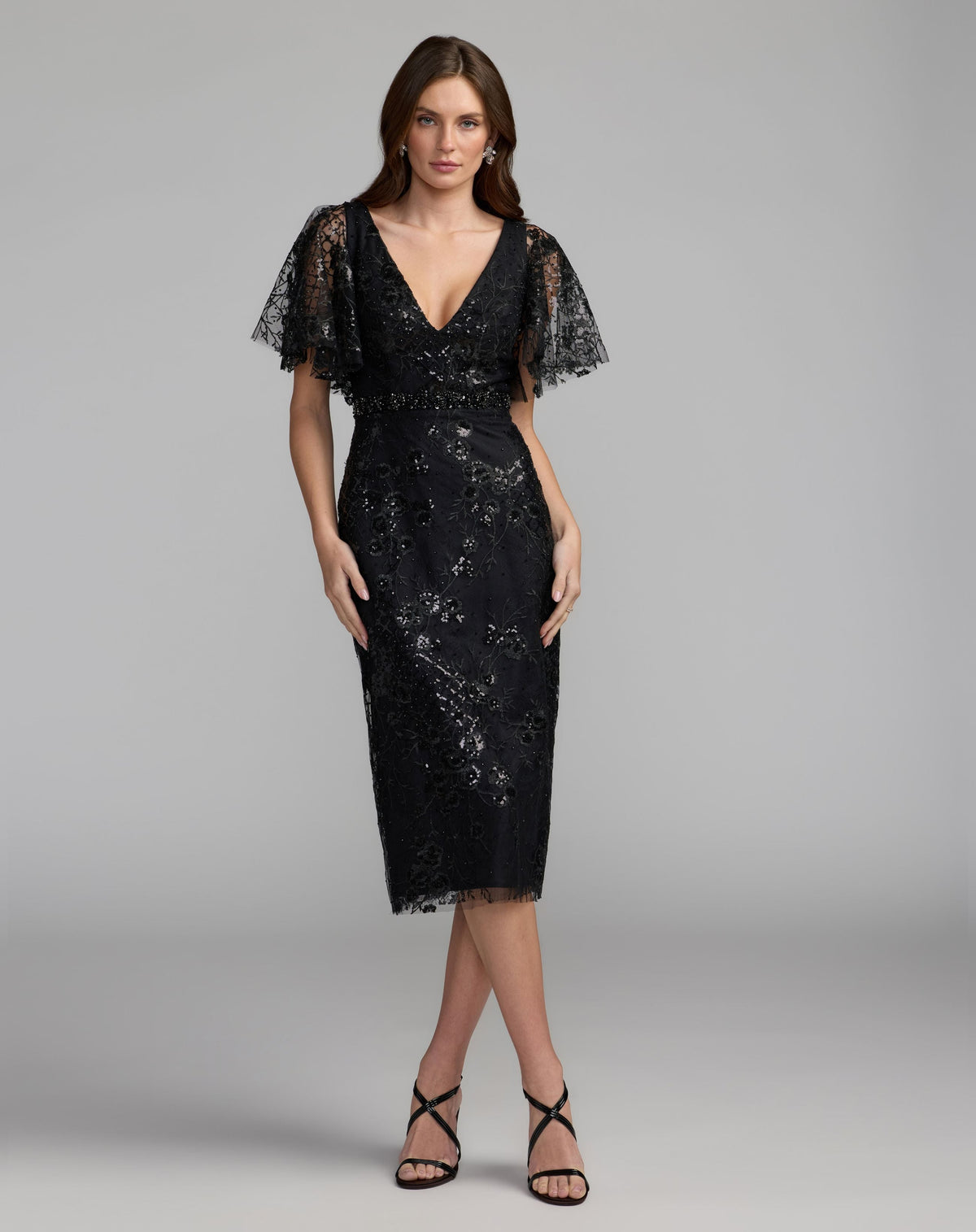 Black Embellished Illusion Flutter Sleeve Cocktail Dress - Designer Collection