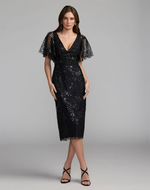 Black Embellished Illusion Flutter Sleeve Cocktail Dress - Designer Collection