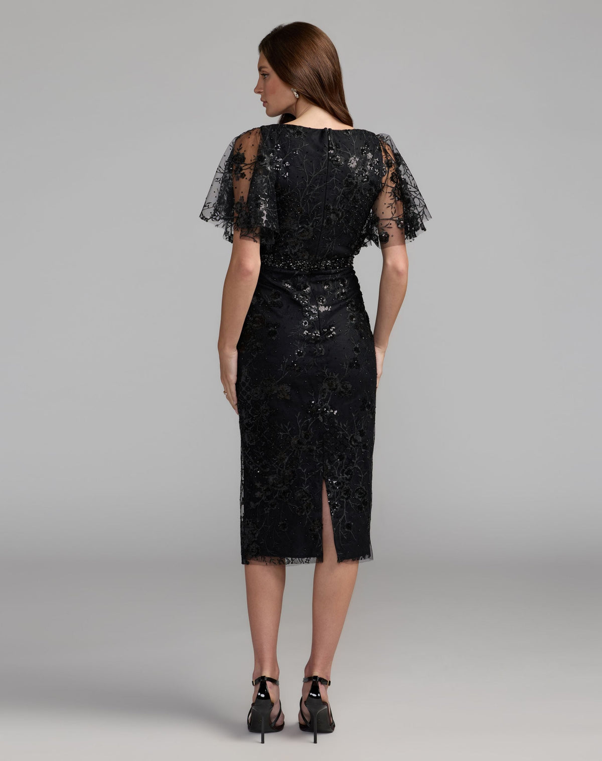 Black Embellished Illusion Flutter Sleeve Cocktail Dress - Designer Collection