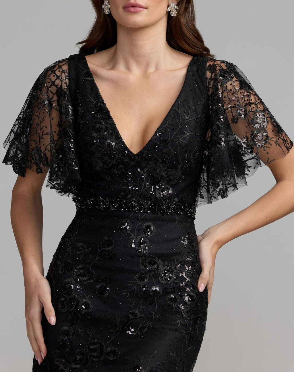 Black Embellished Illusion Flutter Sleeve Cocktail Dress - Designer Collection