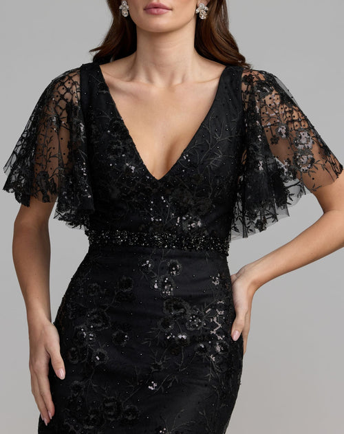 Black Embellished Illusion Flutter Sleeve Cocktail Dress - Designer Collection
