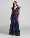 Navy Embroidered Applique Wrap Over Flutter Sleeve Gown - Designer Collection
