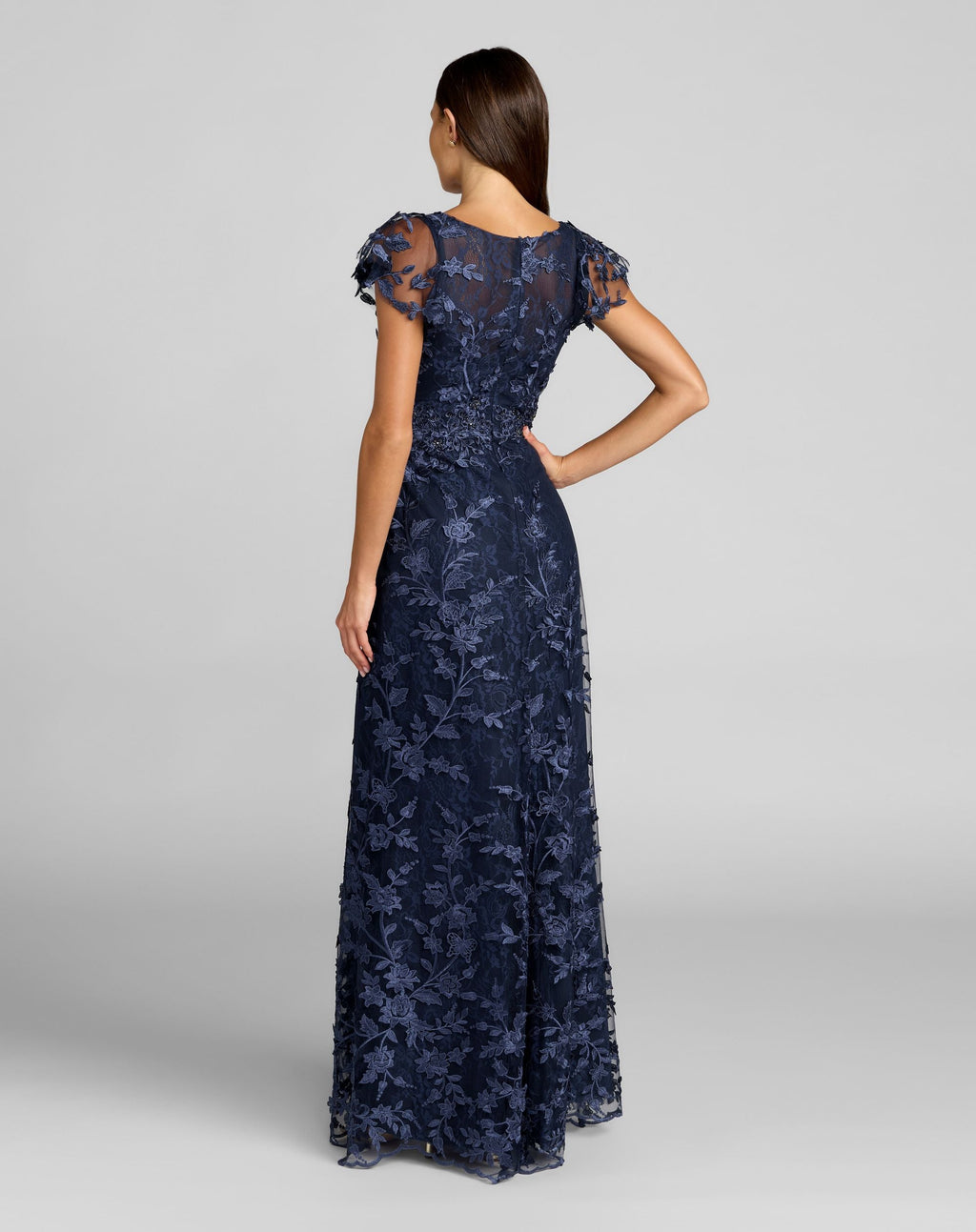 Navy Embroidered Applique Wrap Over Flutter Sleeve Gown - Designer Collection