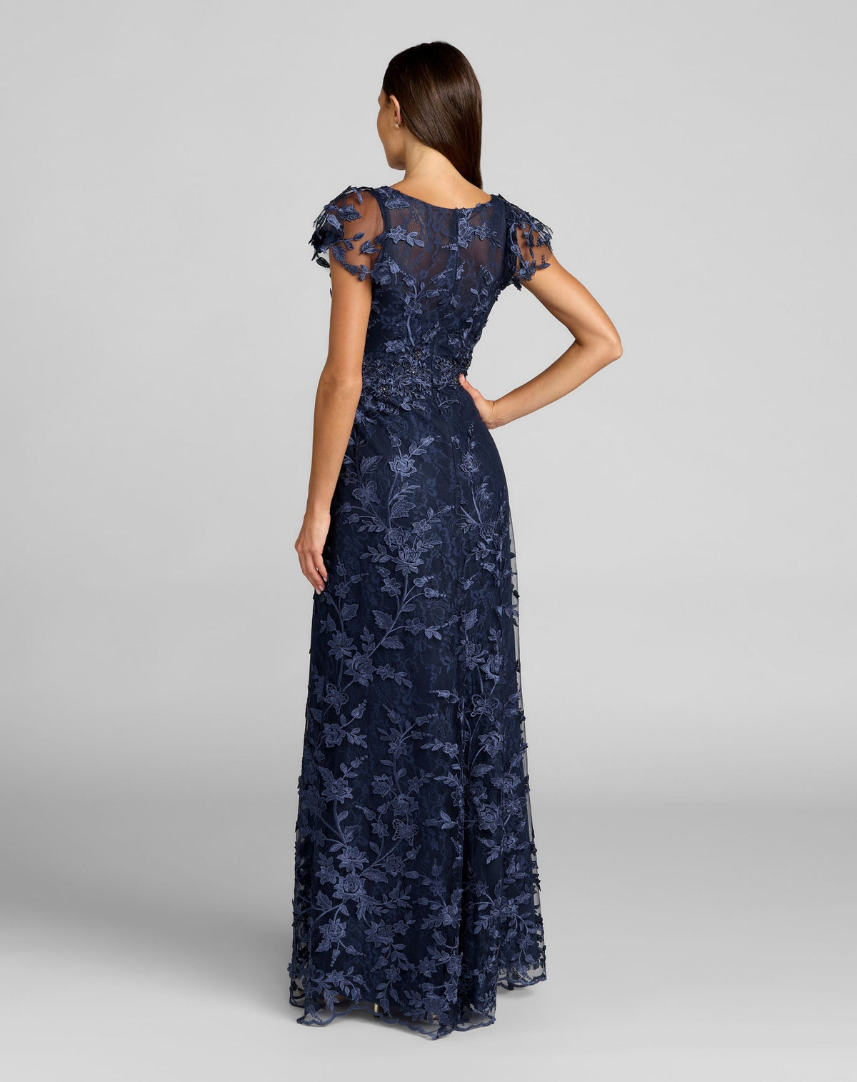 Navy Embroidered Applique Wrap Over Flutter Sleeve Gown - Designer Collection