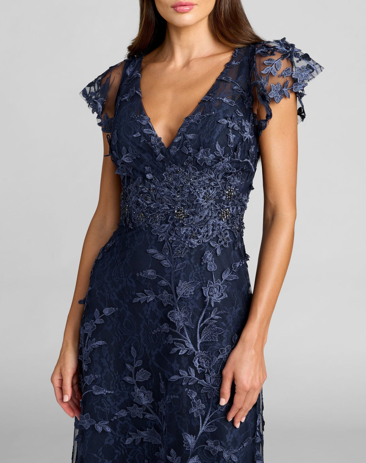 Navy Embroidered Applique Wrap Over Flutter Sleeve Gown - Designer Collection