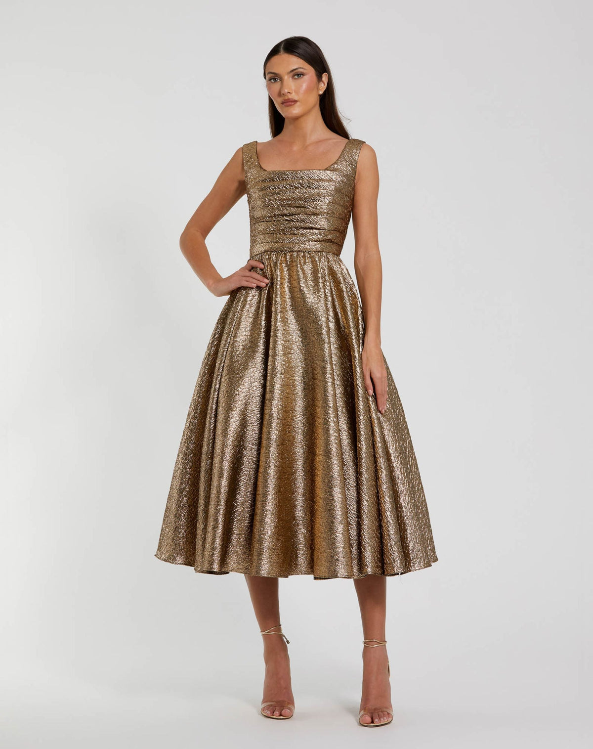 Gold Square Neck Sleeveless Metallic A-Line Dress - Designer Collection