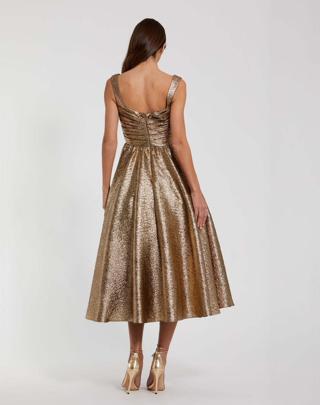 Gold Square Neck Sleeveless Metallic A-Line Dress - Designer Collection