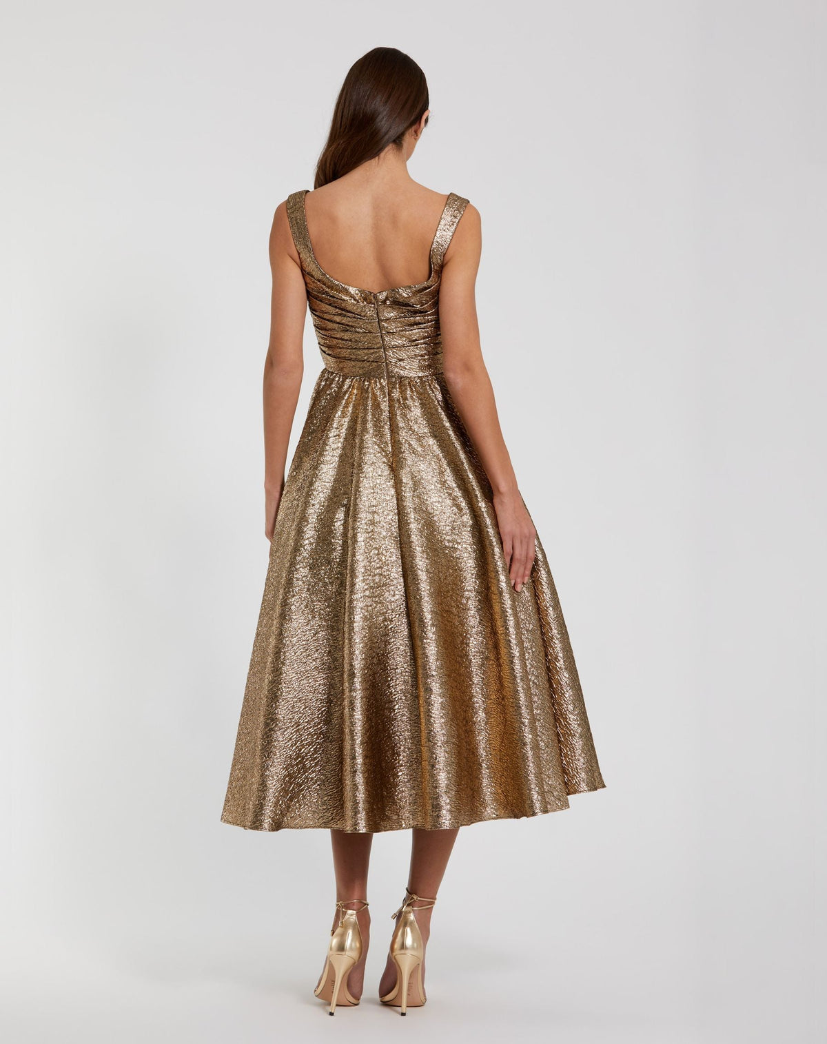 Gold Square Neck Sleeveless Metallic A-Line Dress - Designer Collection