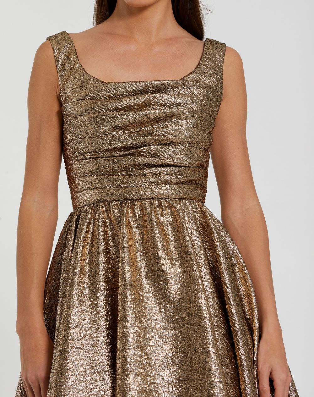 Gold Square Neck Sleeveless Metallic A-Line Dress - Designer Collection