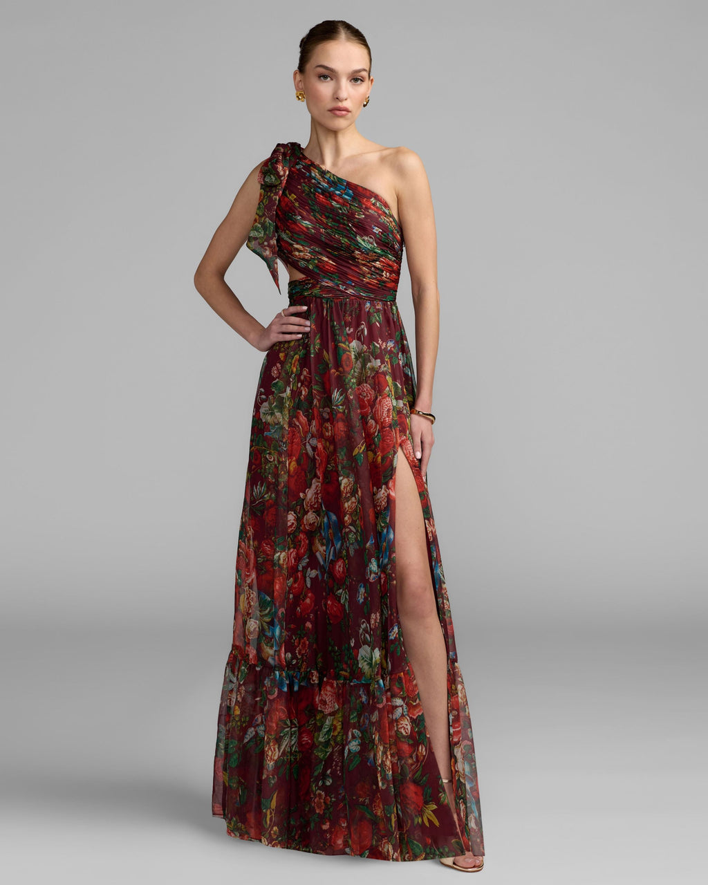 Red One Shoulder Floral Printed Chiffon Side Cut Out Gown Contemporary Collection