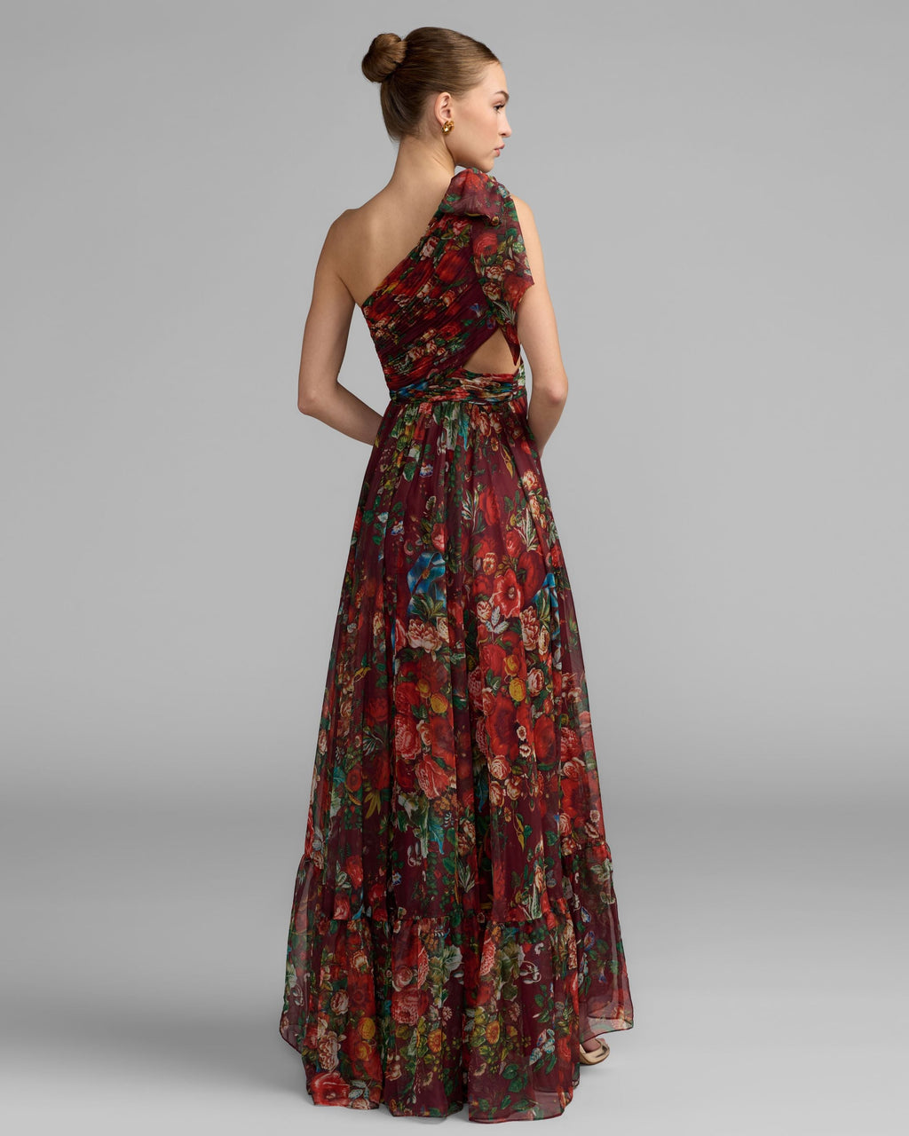 Red One Shoulder Floral Printed Chiffon Side Cut Out Gown Contemporary Collection