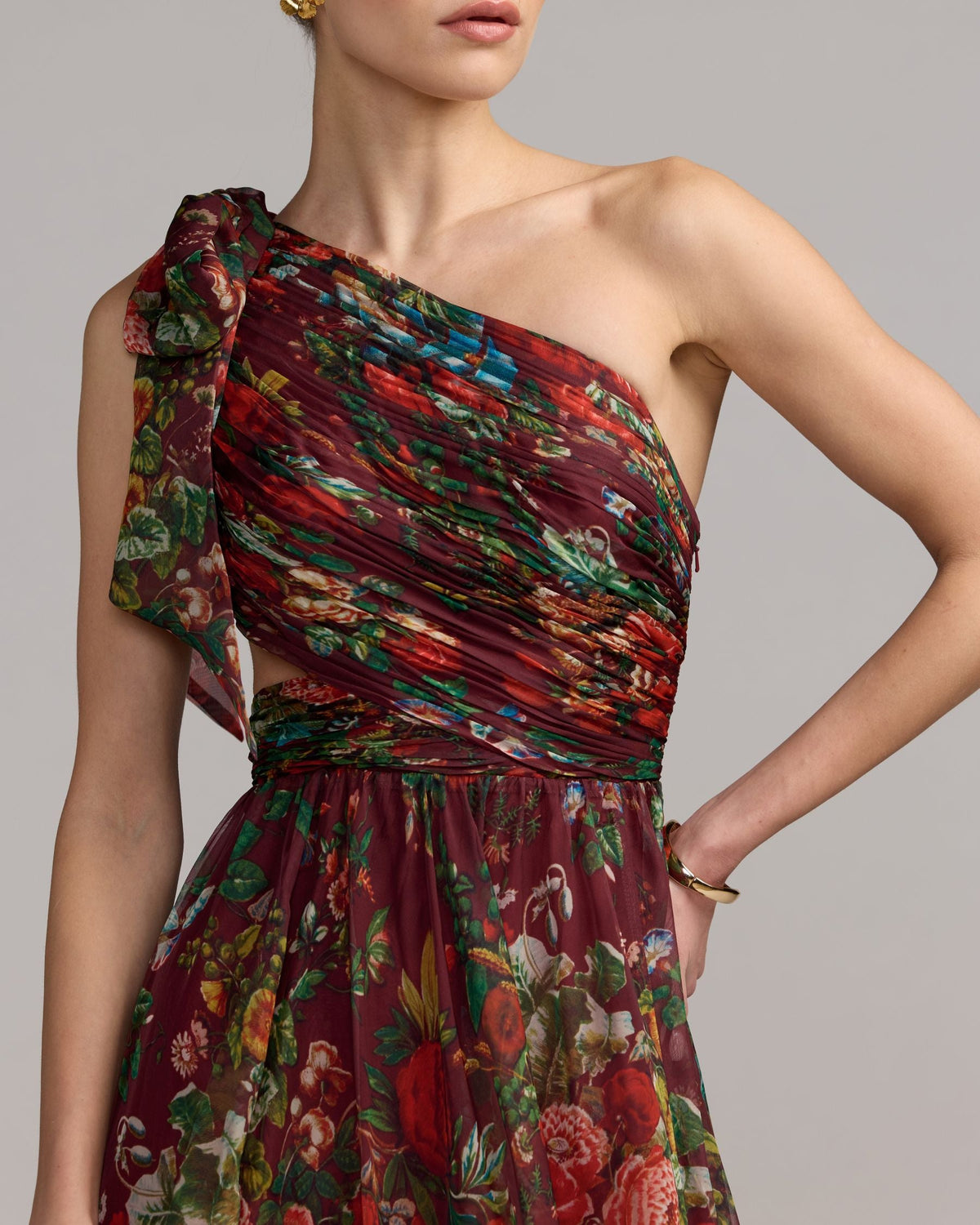 Red One Shoulder Floral Printed Chiffon Side Cut Out Gown Contemporary Collection