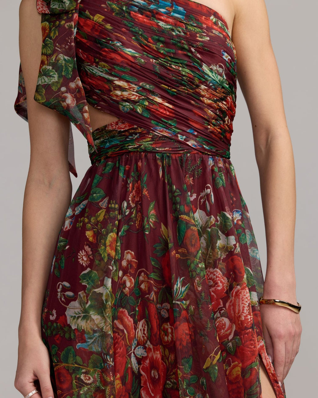 Red One Shoulder Floral Printed Chiffon Side Cut Out Gown Contemporary Collection