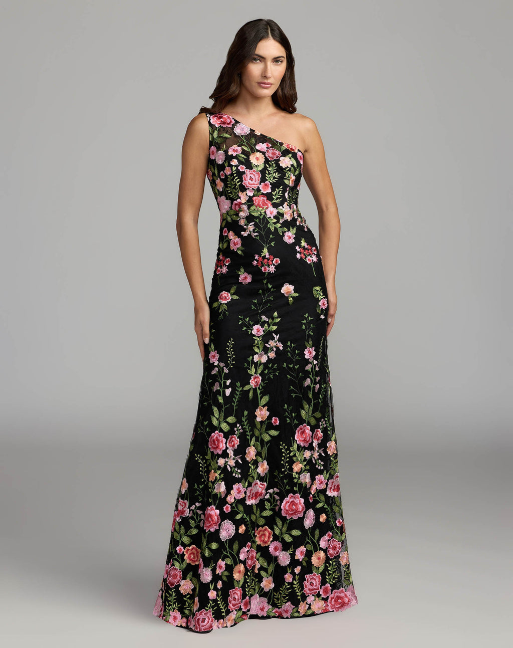 Black One Shoulder Floral Embroidered Gown - Designer Collection