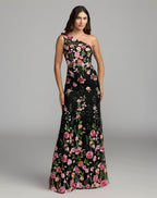 Black One Shoulder Floral Embroidered Gown - Designer Collection