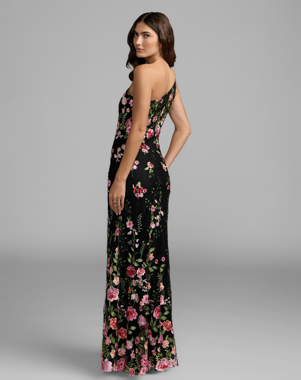 Black One Shoulder Floral Embroidered Gown - Designer Collection